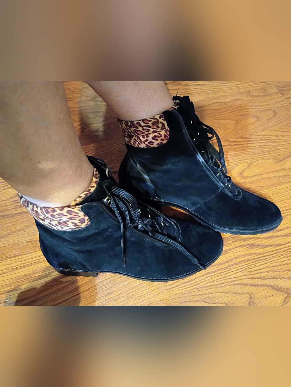 crown & ivy Black Suede Ankle Booties with Leopard Collar